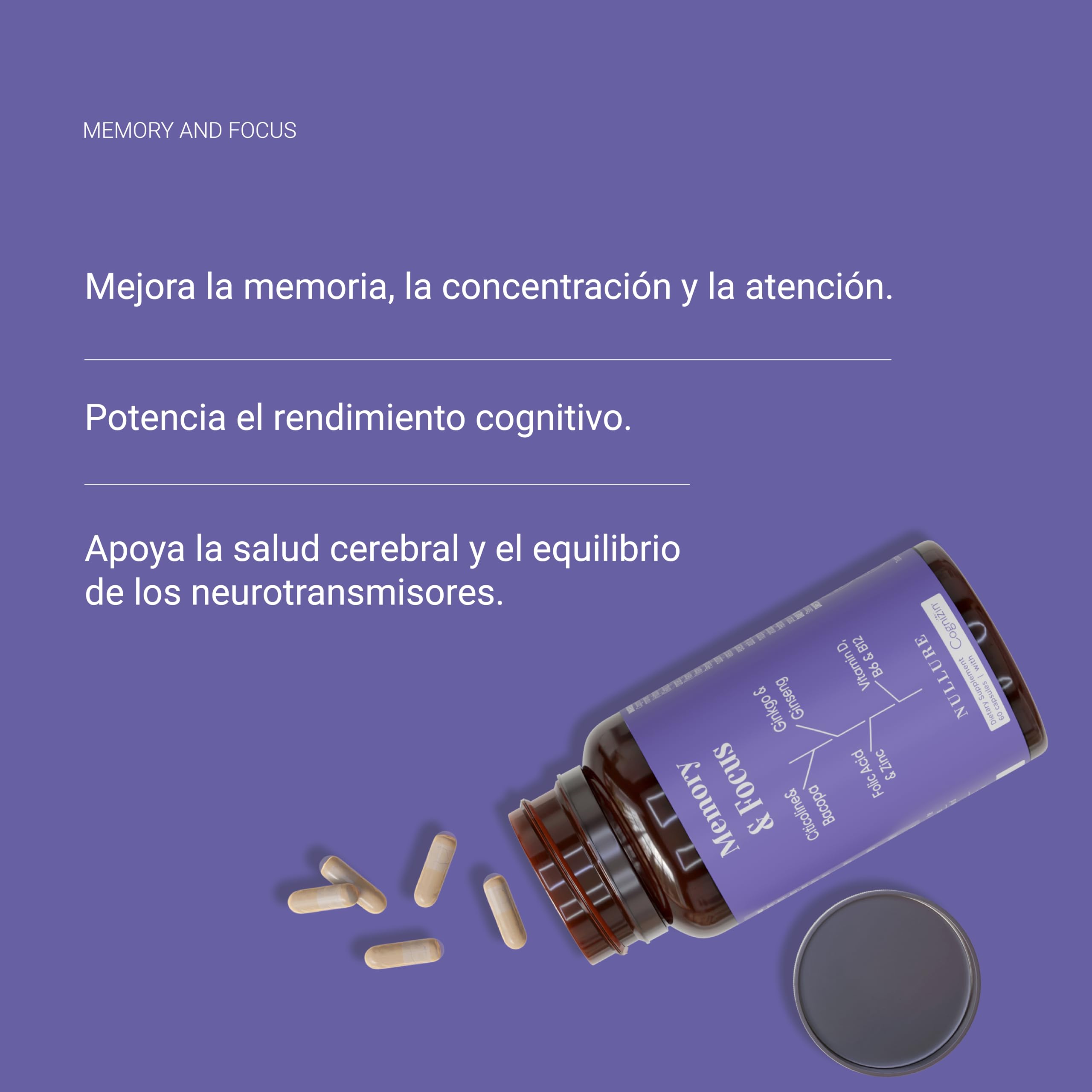Nullure Memory & Focus Nootropico Potente | Sin Esterato de Magnesio y libre de aditivos | con Citicolina 250 mg COGNIZIN® | Memoria y Contrentración | Ginkgo Biloba · Bacopa Monnieri | 60 cap