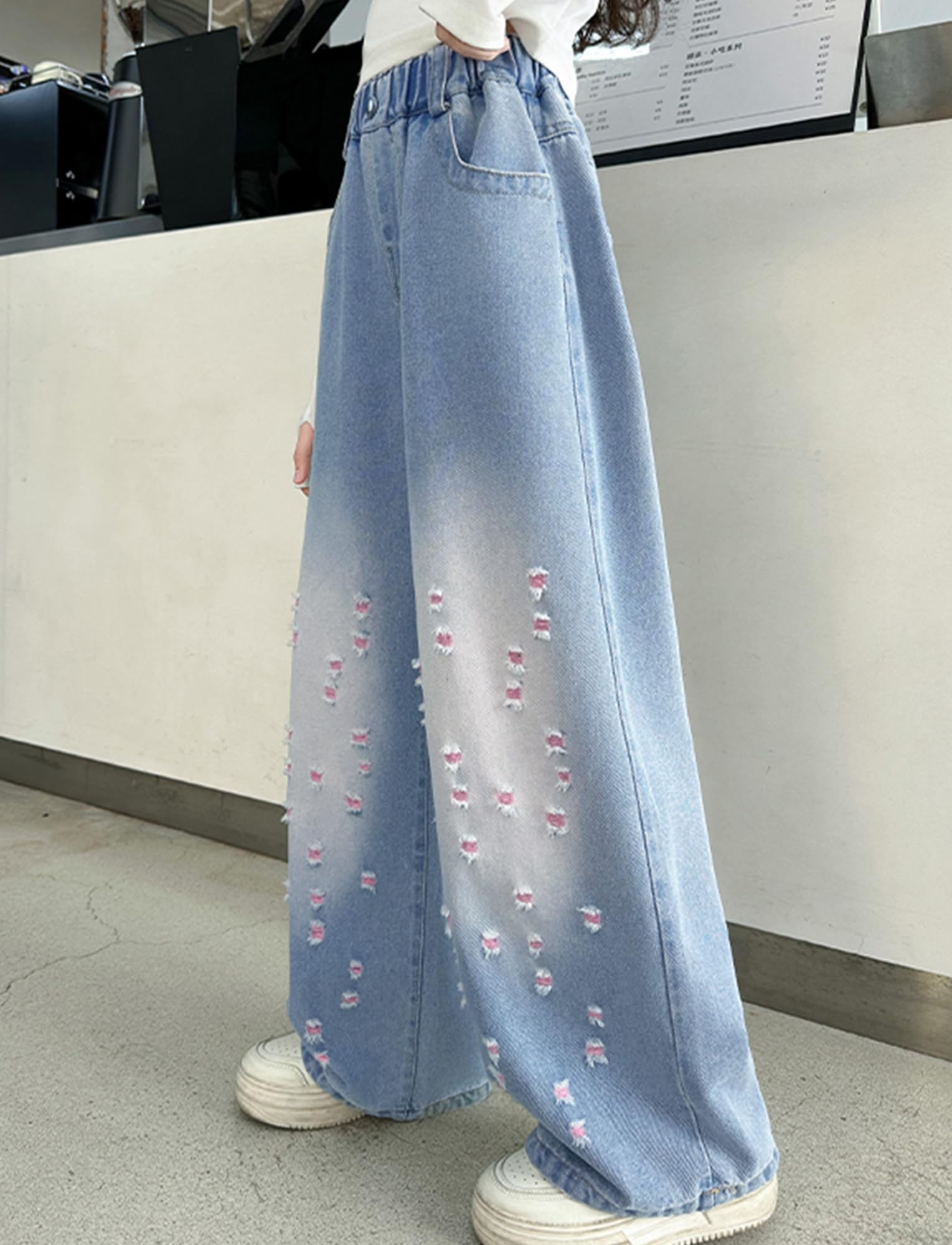 Jeans rasgados para niñas, cintura alta elástica, pierna ancha, pantalones de mezclilla desgastados con bolsillos, holgados, casuales, ropa de calle 5-14 años