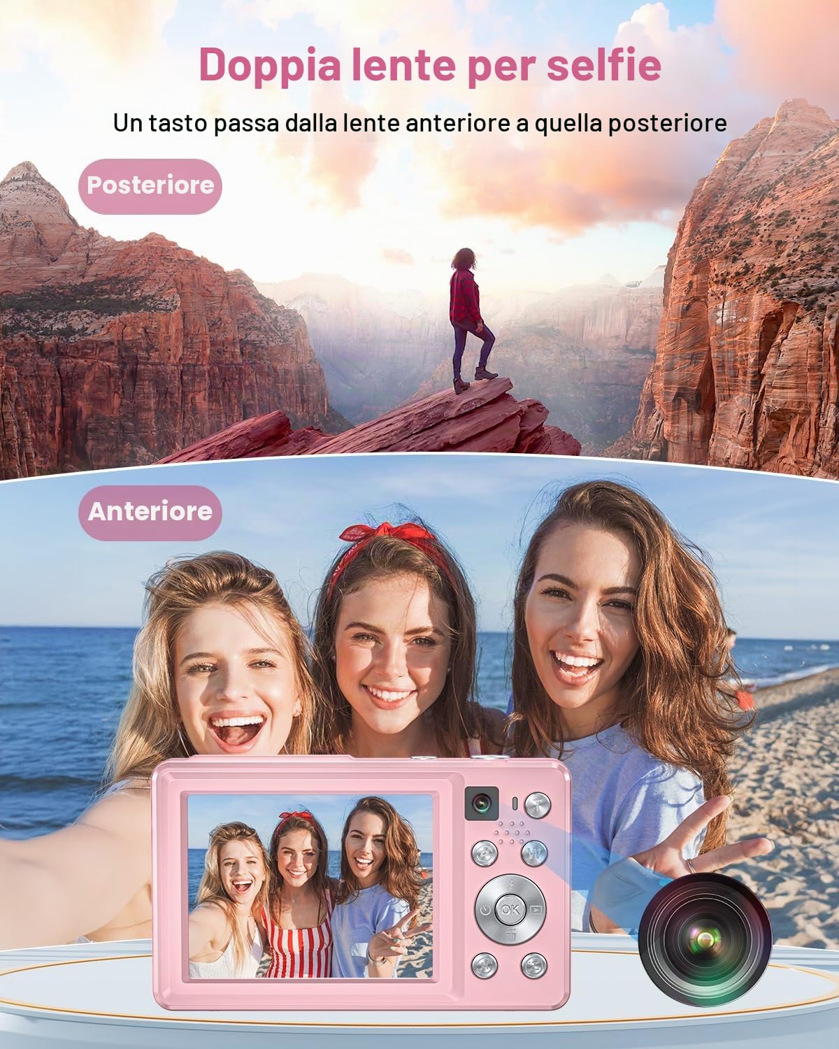 Fotocamera digitale 4K 64MP, Macchina Fotografica Digitale doppia fotocamera con autofocus, flash, zoom 16X, scheda da 32 GB, fotocamera per bambini, adolescenti, e principianti - rosa