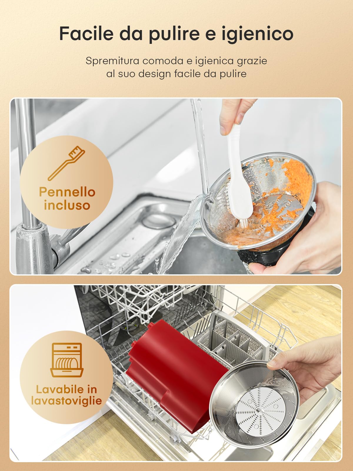 JUILIST Centrifuga Frutta e Verdura, Scivolo di Alimentazione da 65 mm, 3 Impostazioni, con Spazzola per la Pulizia, Facile da Pulire, Senza BPA, Rosso
