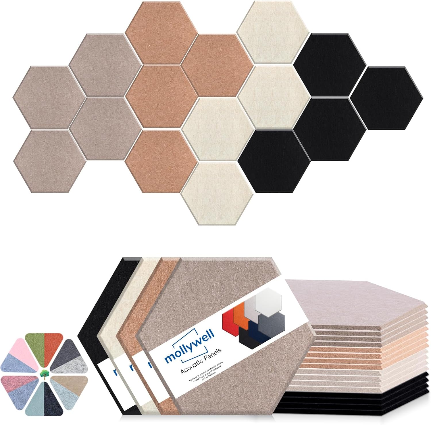Mollywell Hexagon Acoustic Panels 14x12 - Reduce Echo & Reverb, Noise Blocking Wall Tiles for Living Room & Bedroom, Deep Camel, Deep Brown, Black, Beige Sound Absorbing Panels