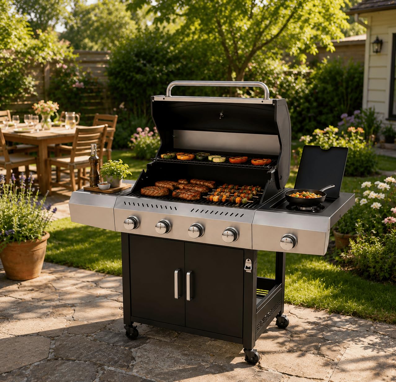 Barbecue a Gas Professionale XXL Da 16 kW con 5 Bruciatori in Acciaio Inox 304 Con Fuoco Laterale Termometro Coperchio Doppio Griglia Di Cottura 67 x 42 Cm E Ruote 137 × 50 × 120 Cm Nero