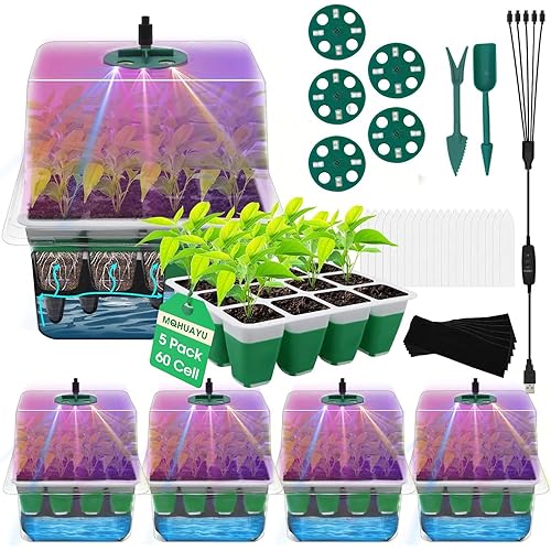 60-Cell Self Watering Seed Starter Tray with Grow Light, 5-Pack Reusable Seed Starter Kit with Soft Silicone, Plant Germination Trays with Humidity Dome for Seeding Planting Growing
