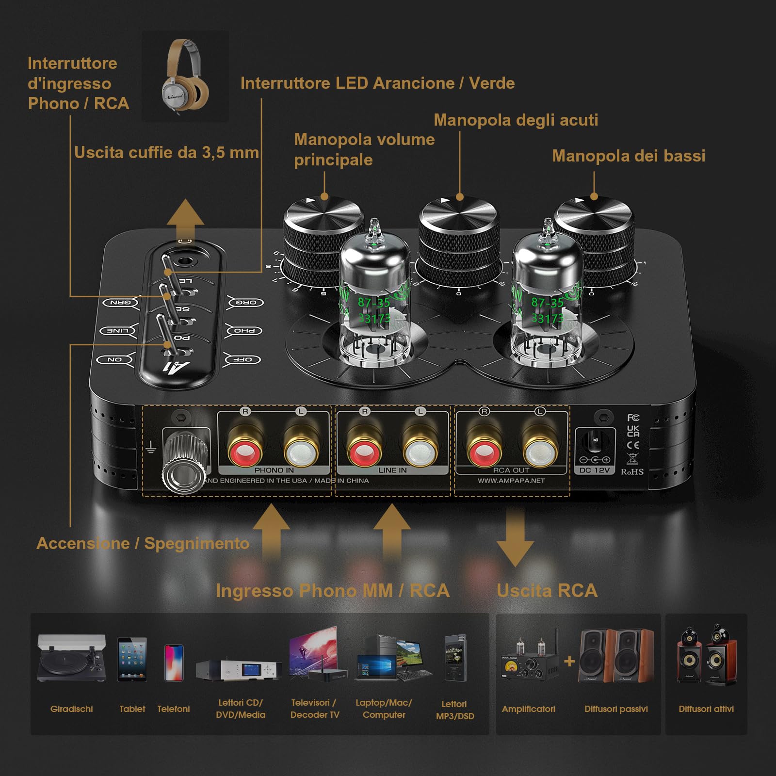 A1 Preamplificatore per Tubi Phono: Preamplificatore Audio Hi-Fi, Amplificatore per Cuffie, Giradischi MM
