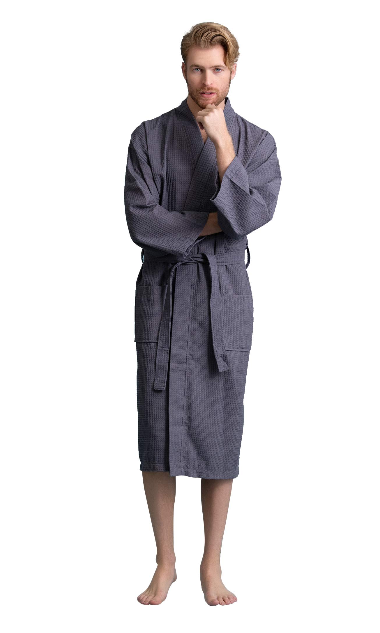 Soft Touch LinenHandsome Waffle Spa Bathrobe for Men. Luxurious Square Pattern Premium Cotton