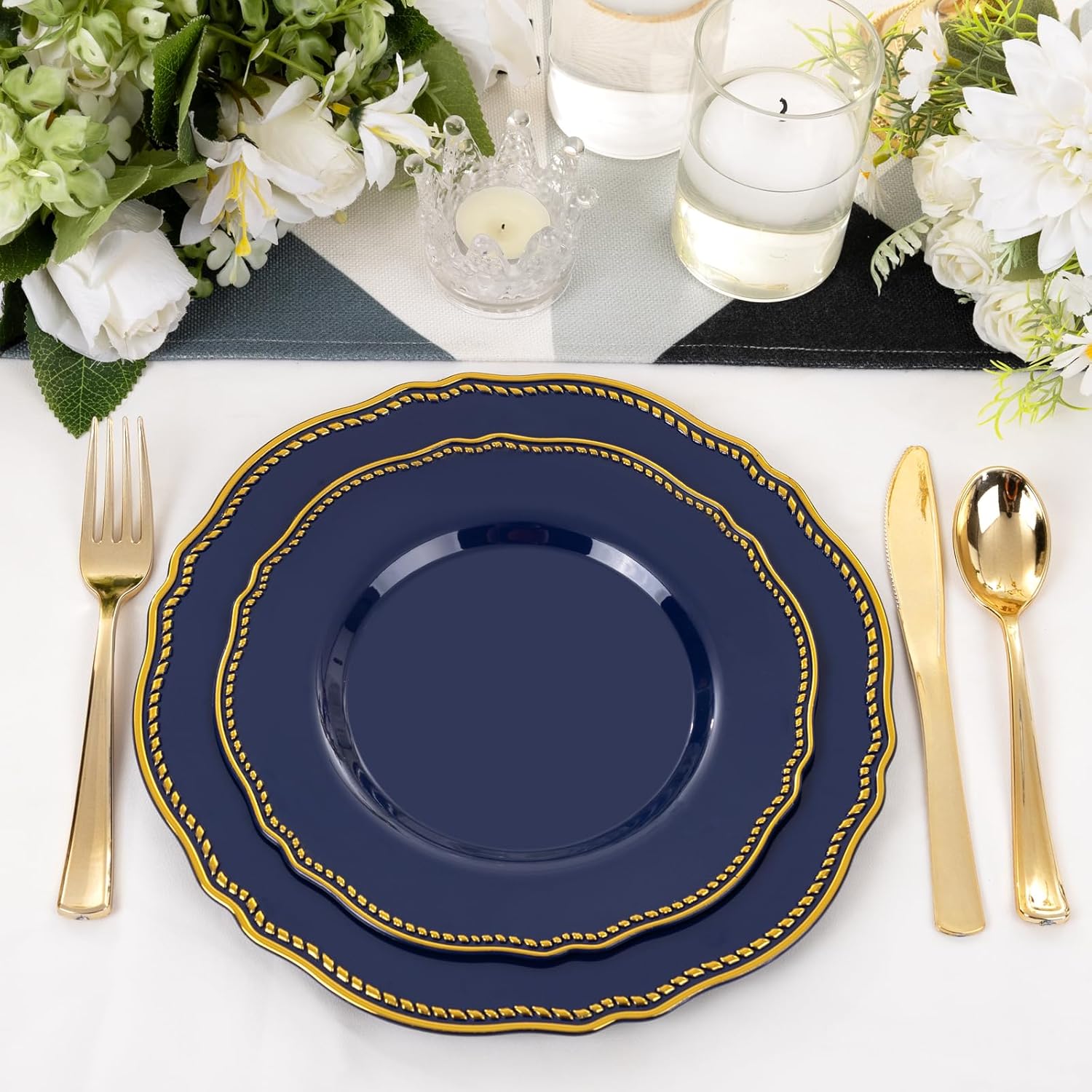 Hioasis 60pcs Blue Plastic Plates - Blue and Gold Disposable Dinnerware with Gold Rim, Heavy-duty, 7.5 inch, Dessert Plates for Party & Christmas - Image 7