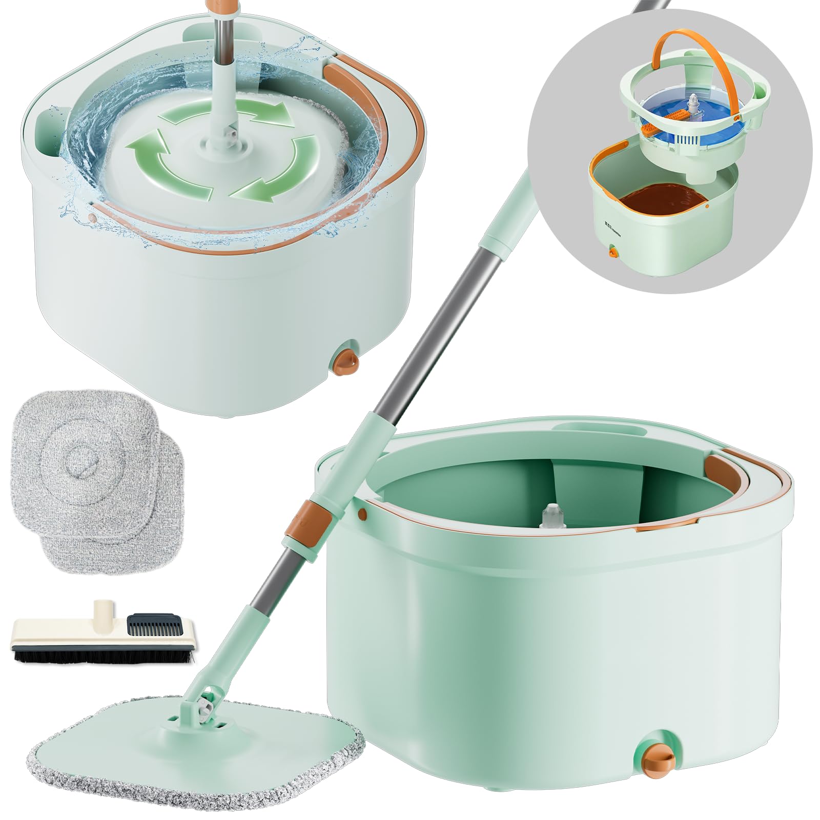 Juego de fregona con cubo, sistema de 2 cámaras, mopa giratoria 360°, juego de fregona y cubo de limpieza, juego de fregona con función de escurridor y barra telescópica, mopa de microfibra para todo