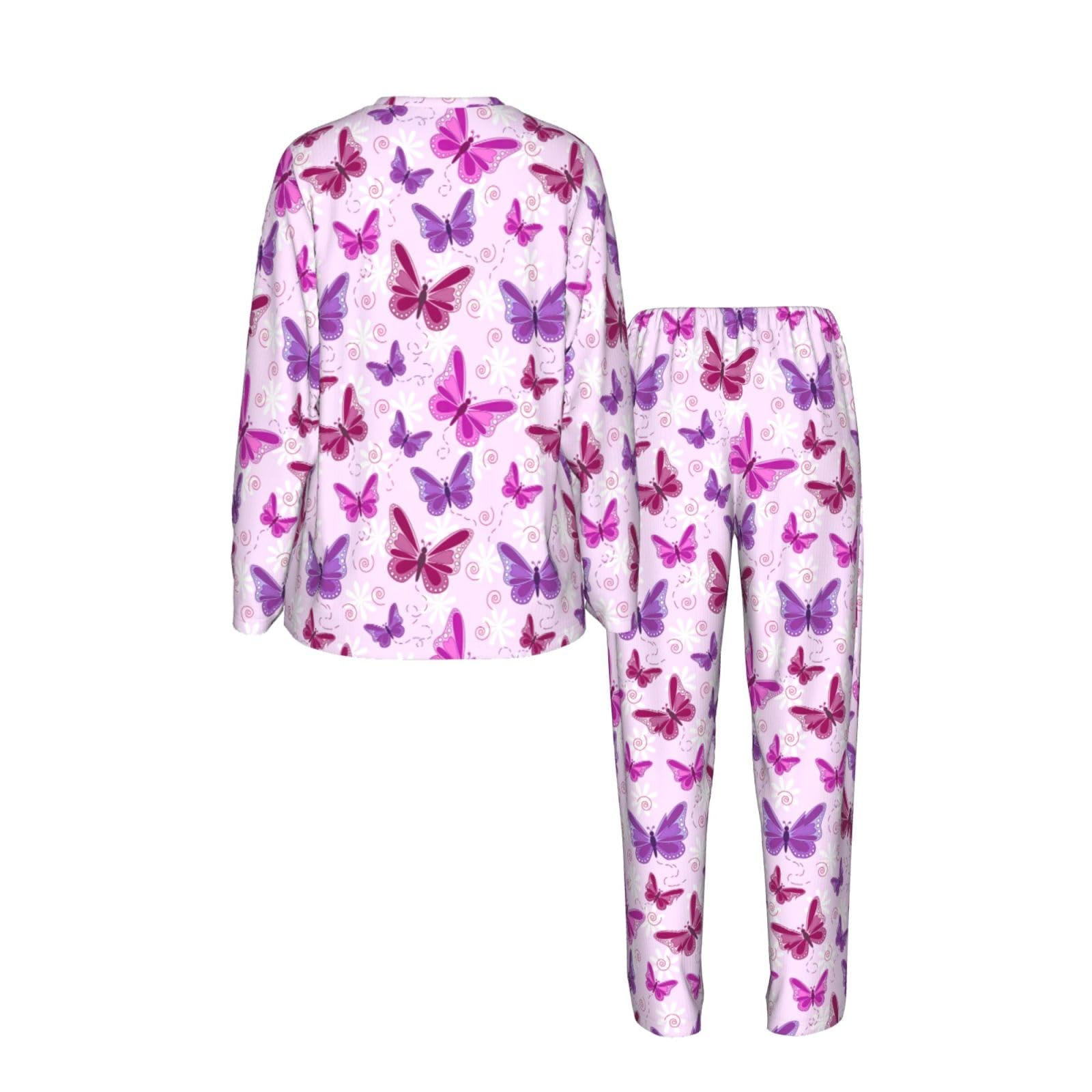 Pigiama da donna a maniche lunghe con stampa a farfalla rosa per vacanze, yoga, uscite casual, comodo regalo