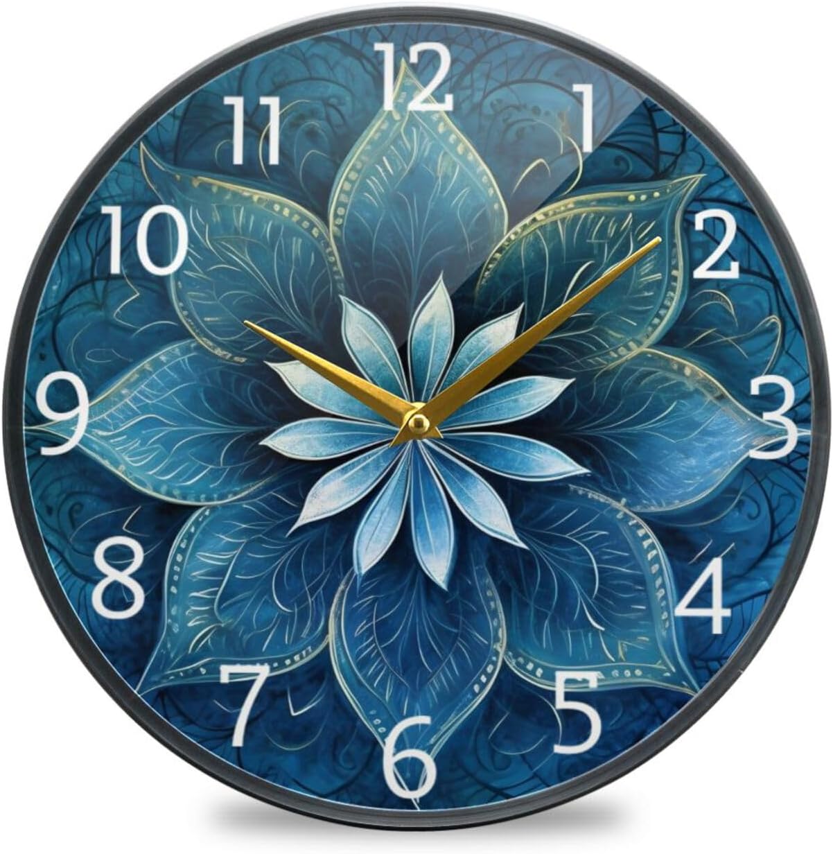 Wall Clock Blue Mandala Flower Picture 9.5 Inch Round Quiet Decorative Desk Clock for Bedroom Living Room Kitchen