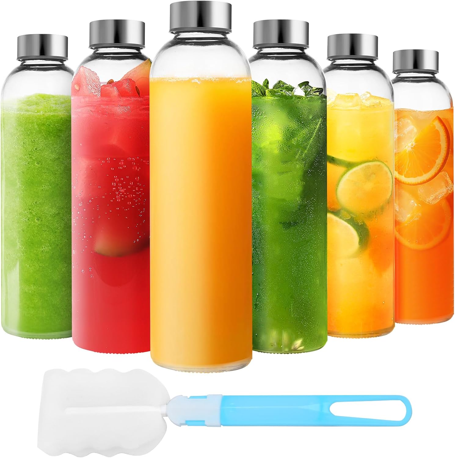 Jarsoph Set of 6 Clear Glass Water Bottles with Lid 14oz for Juicing Reusable Bottle Glass Cup with Stainless Steel for Juicing, for Halloween Refrigerator 100% Leak Proof Drinking Jar, BPA Free