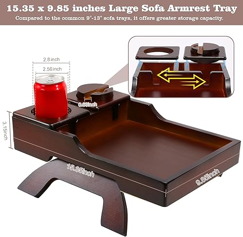 Miniatura 6 de Bandeja Portavasos para Sofá, 15.4"x9.9" Mesa Grande 4 en 1 para Reposabrazos de Sofá con Soporte para Teléfono Rotatorio 360°, Mesa Lateral