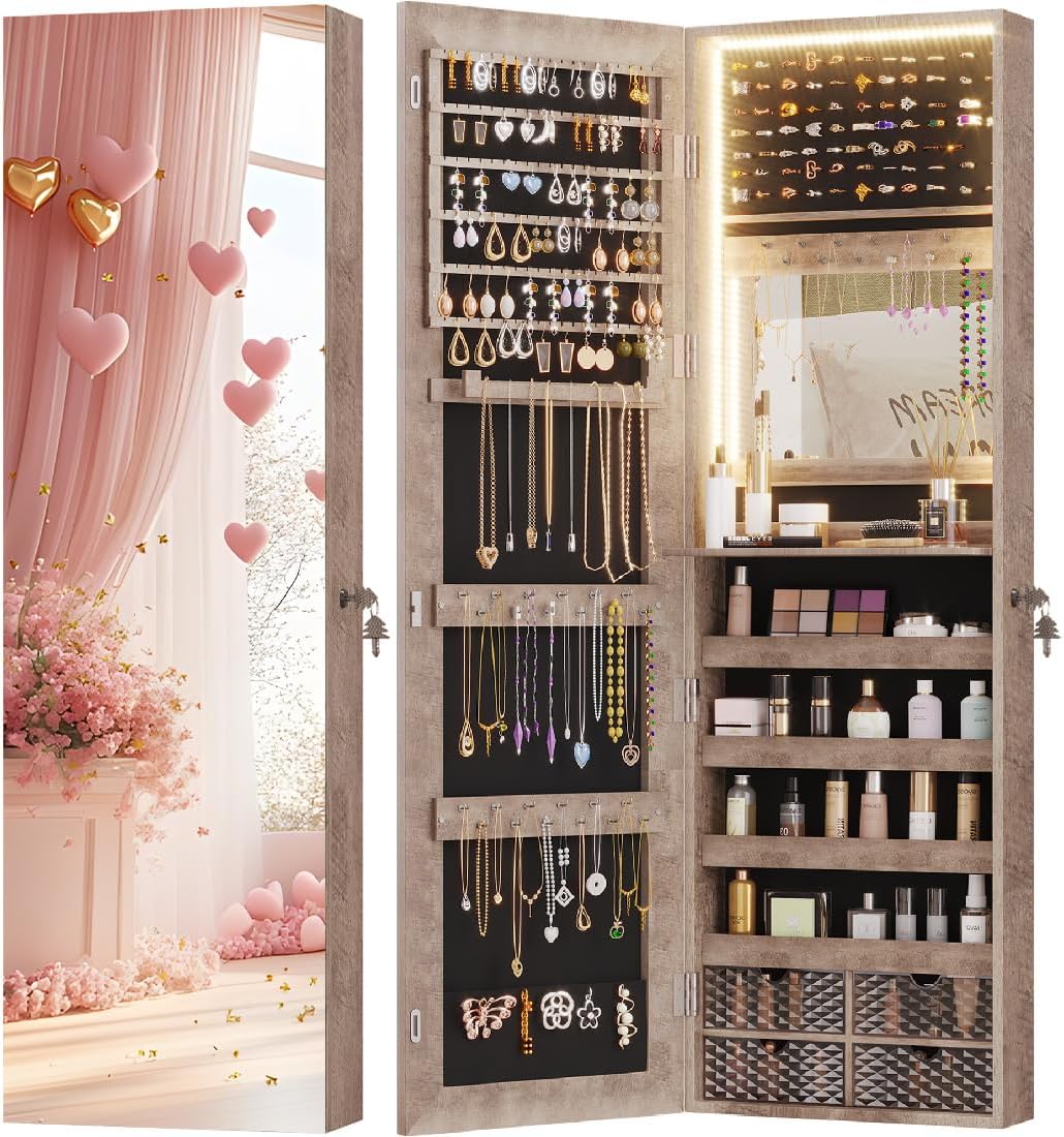 Vlsrka 47.2 Inch Full Length Mirror with Storage, Wall Mount Mirror Jewelry Cabinet, Over The Door Hanging Jewelry Armoire Organizer, Built-in Light, 4 Drawers, 5 Shelves, Christmas Gift (Wood)