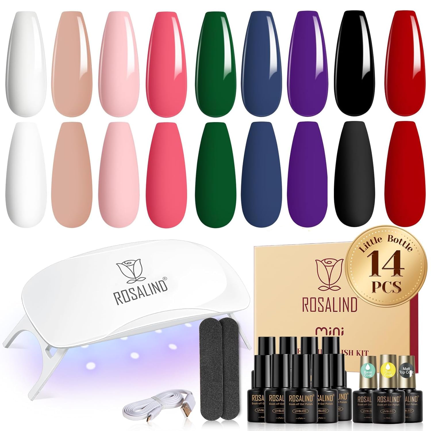 ROSALIND Kit Uñas Semipermanentes con UV LED Lámpara, Mini 14PCS Esmaltes Semipermanentes Kit de Inicio, 9 Colores Negro Blanco Rojo Rosa Verde Morado Soak off Pintauñas Semipermanentes