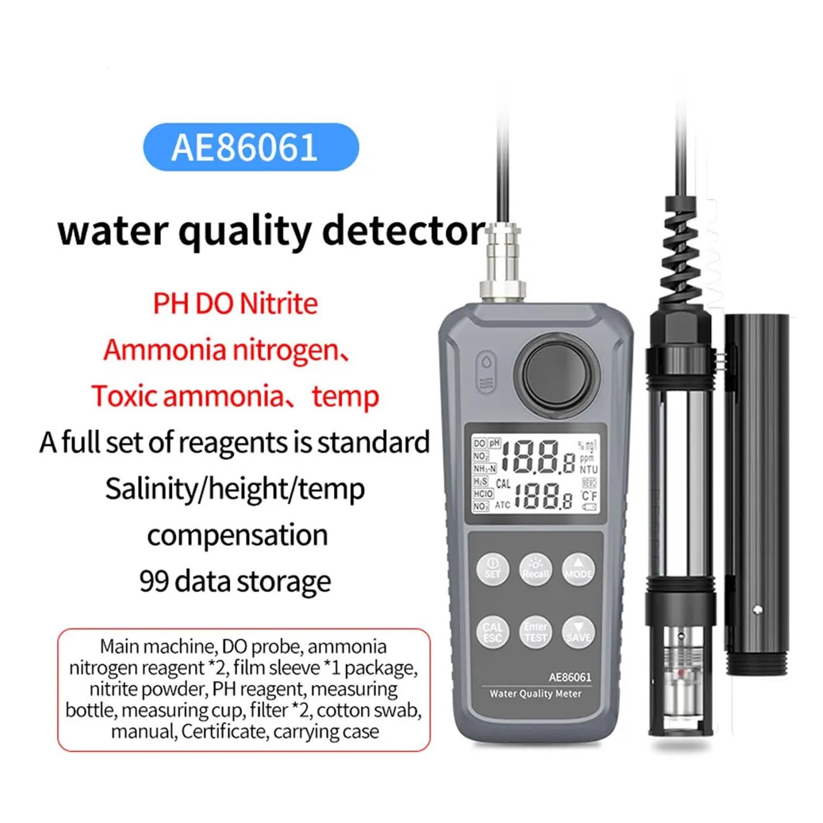 Probador Digital De Calidad Del Agua AE86061 for Piscinas/acuarios Pantalla retroiluminada | Analizador de medida de nitrógeno, nitrito, amoníaco, temperatura de laboratorio, pantalla LCD