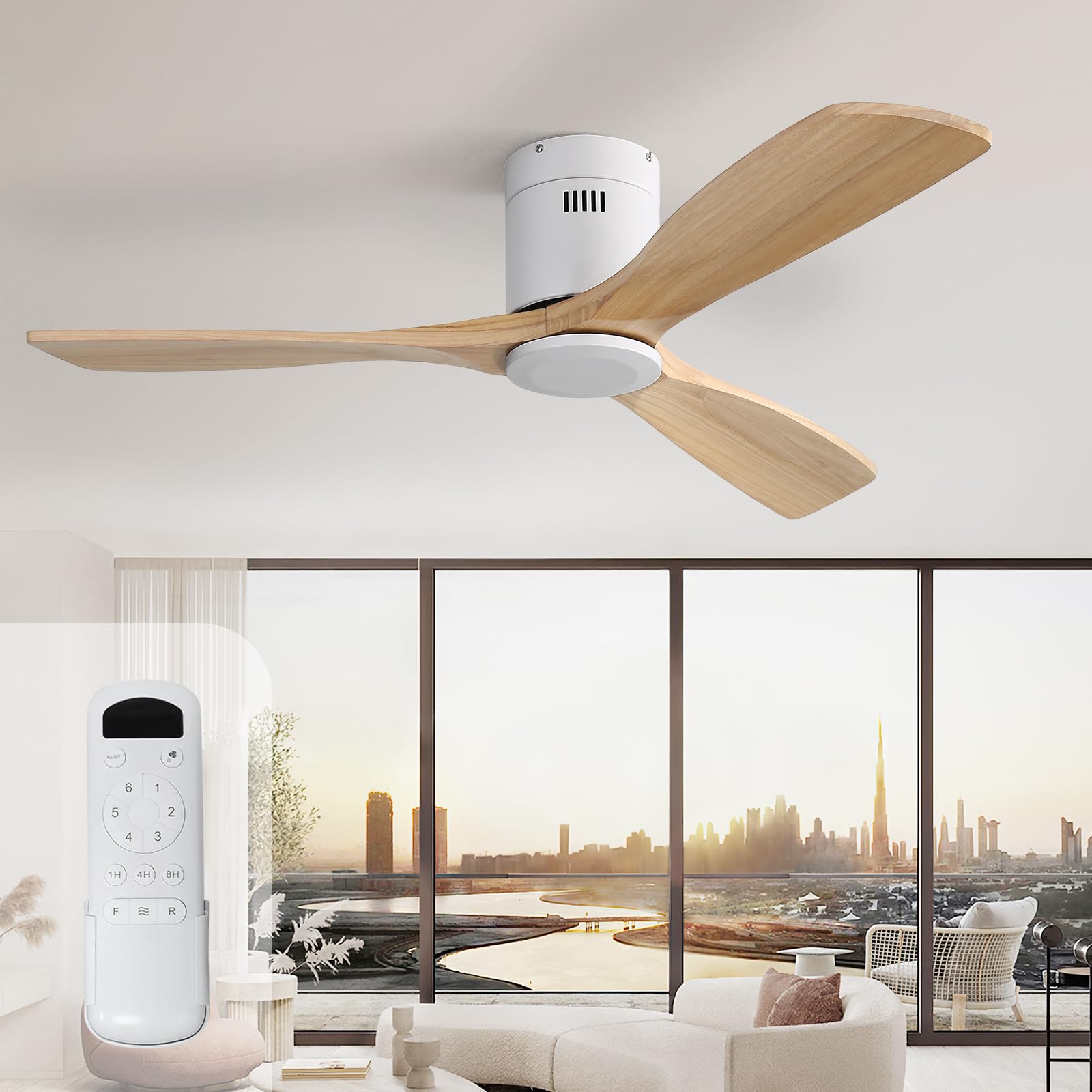 Sofucor 132 cm Solid Wood Ceiling Fan, 6 Speed, Control, Timer, DC Motor, Silent Ceiling Fan for Bedroom Living Room
