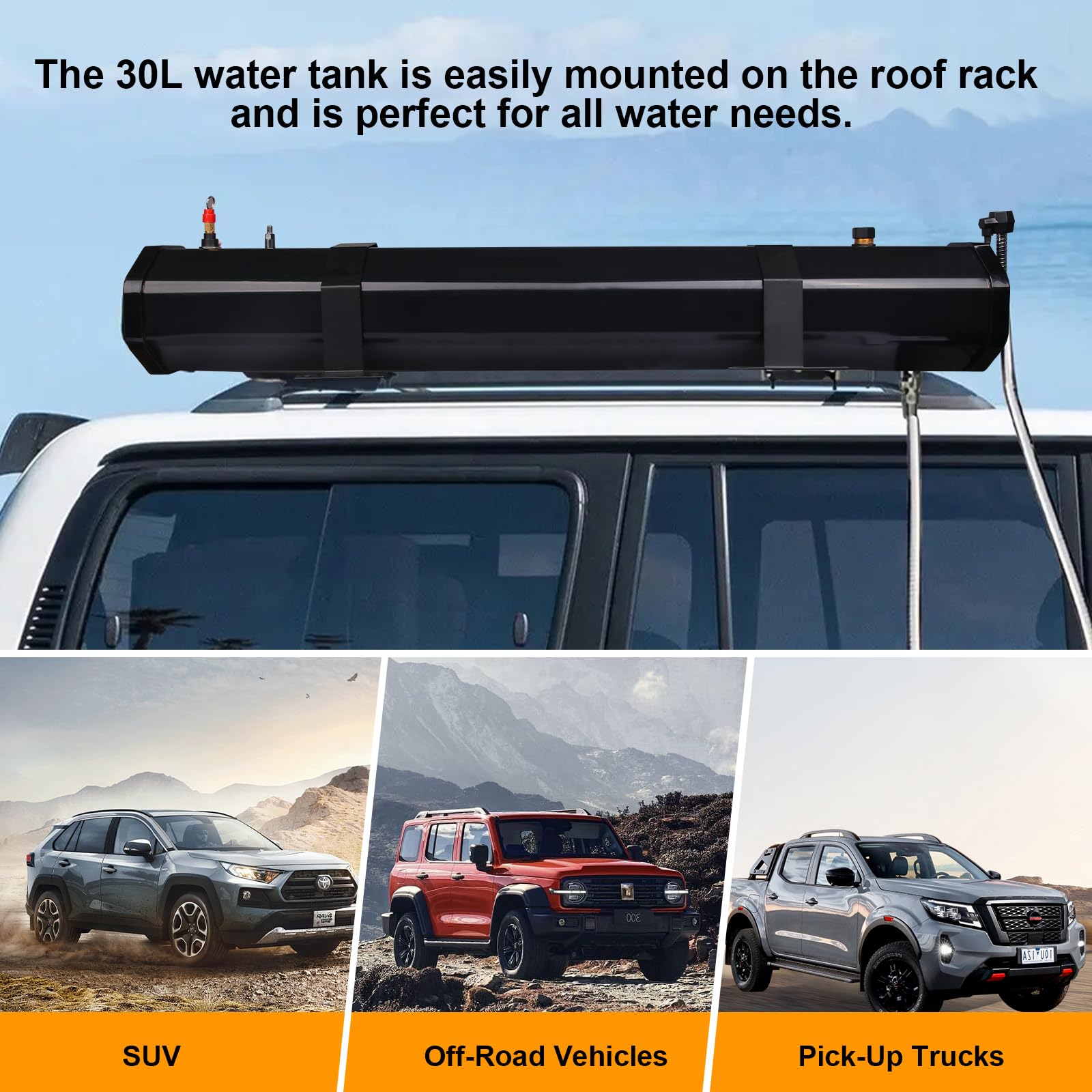 Ducha Portátill Camping, 30L Depósito de Agua Presurizada, Ducha Solar Exterior, con Manguera Ducha y Alcachofa, Montaje En Portaequipajes para Crossovers, Camiones, SUV, Furgonetas Camper, Etc.