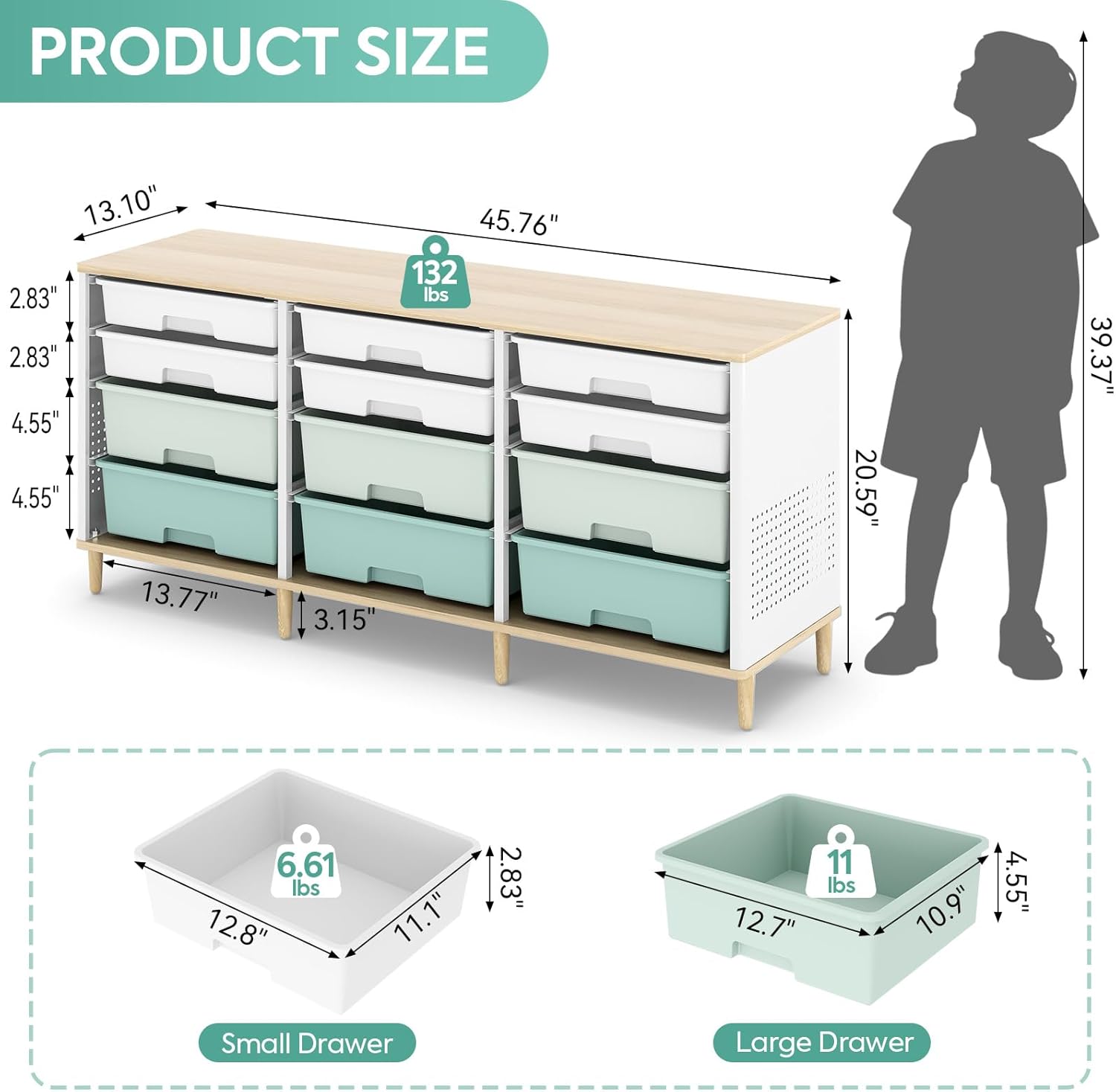 12 Drawers Storage Cabinet with Wooden Top and Plastic Bins, Toy Storage Organizer Toy Shelf Storage Chest Cubby Organizer for Home, Office, Playroom, Classroom & Craft Room Storage (Green)
