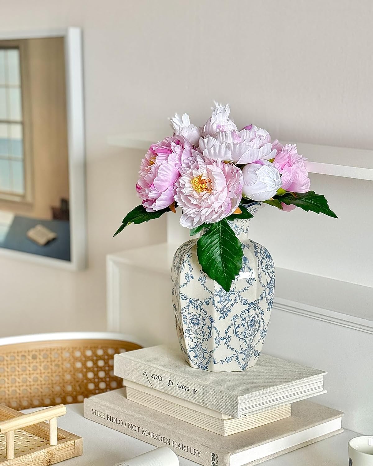Vintage Blue Ceramic Vase, Blue and White Porcelain Decorative Flower Vase for Centerpiece Living Room Table Shelf, Chinoiserie French Country Decor - Image 3