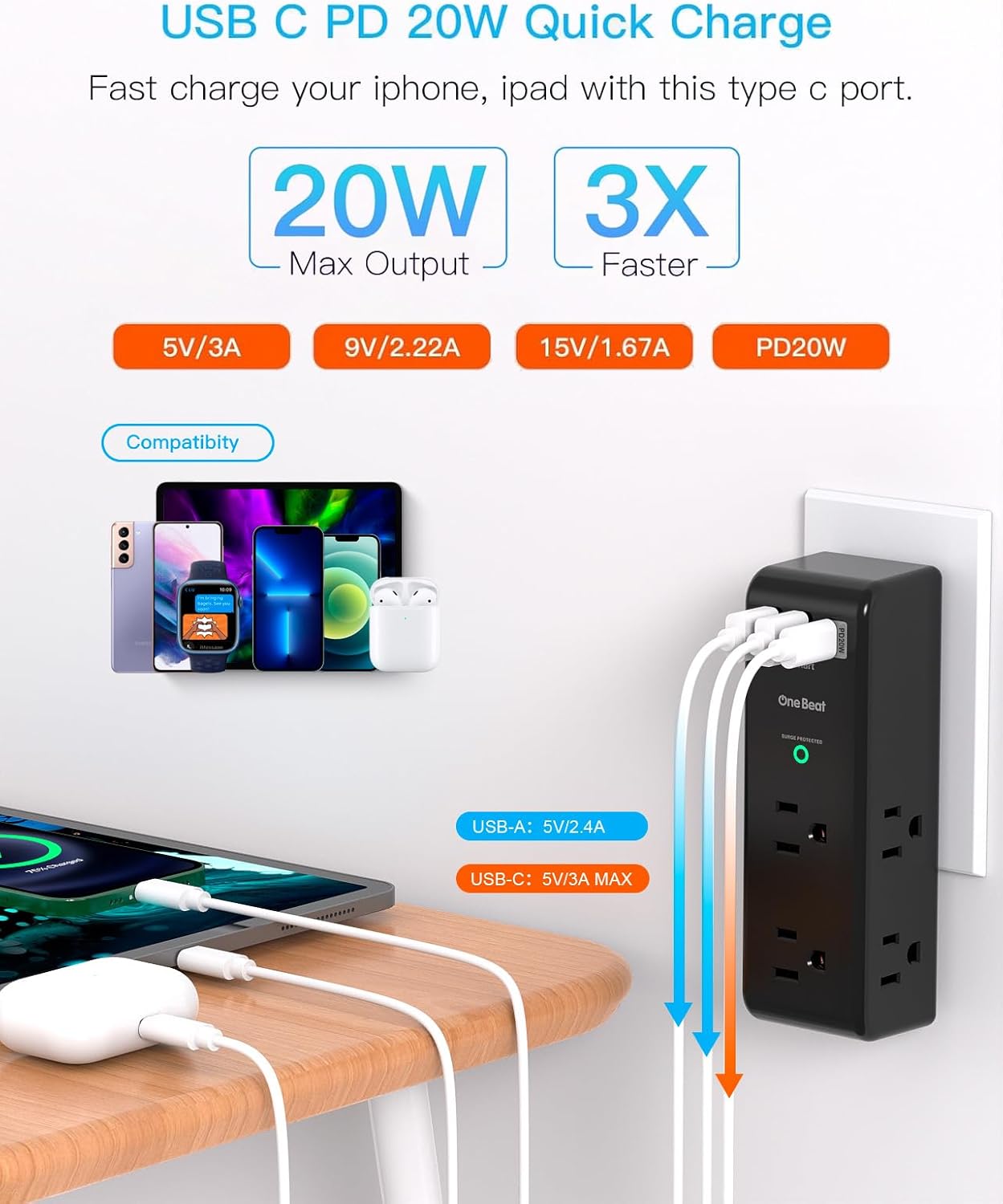Surge Protector Outlet Extender, Rotating Plug, PD 20W, 6 AC Multi Plug Outlet with 3 USB Ports (2 USB C), 1800 Joules 3-Sided Swivel Power Strip with Spaced Outlet Splitter for Home Office Dorm - BK