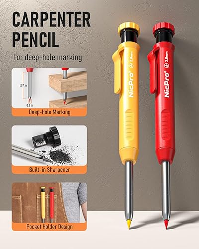 Miniatura 3 de Nicpro Juego de 18 lápices de carpintero con sacapuntas, lápices mecánicos de carpintero con 76 recambios y herramienta de escritura de carburo,