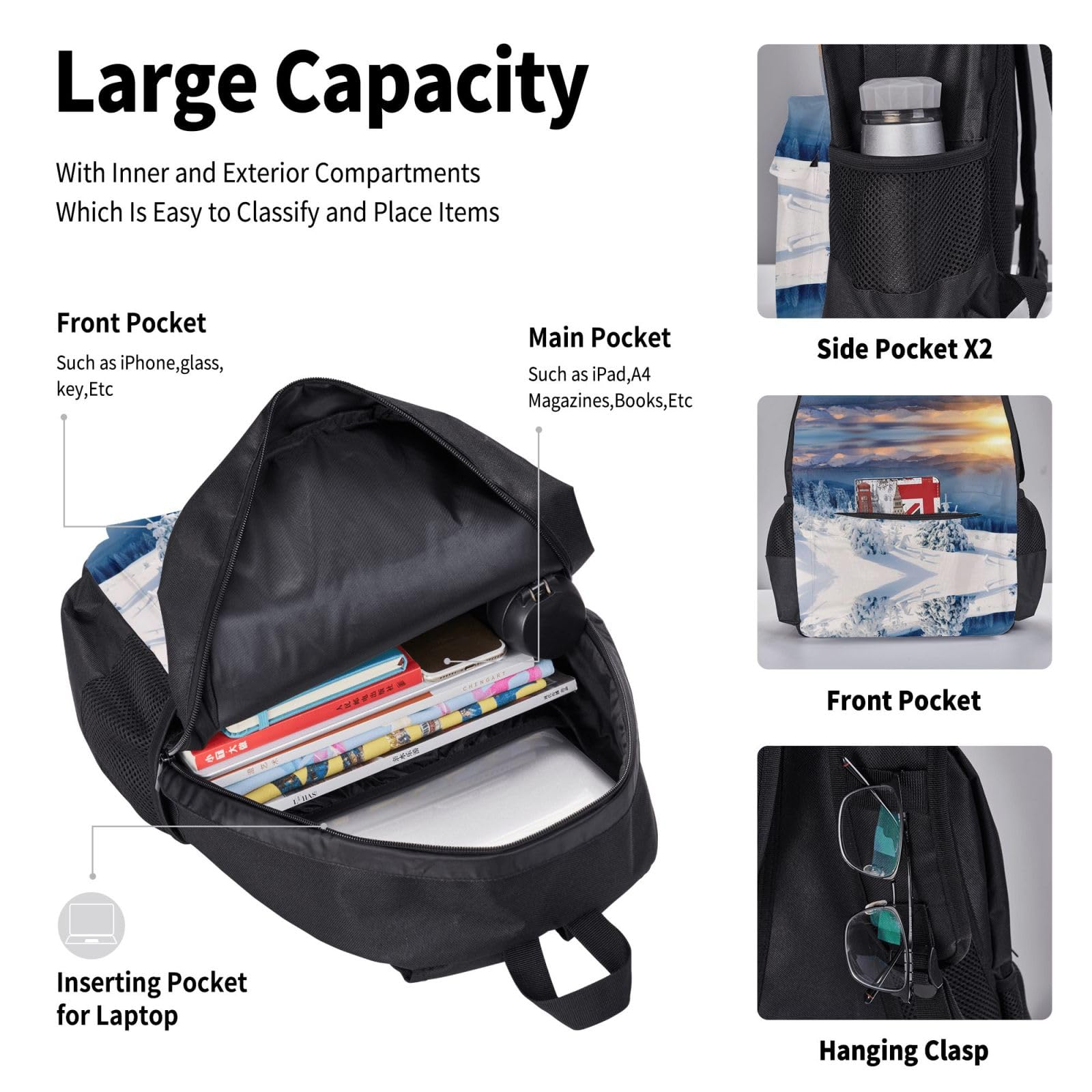 Juego de 3 mochilas escolares con estampado de atardecer y montañas de invierno, mochila para laptop resistente al agua con bolsa de almuerzo aislada y estuche para lápices para adolescentes