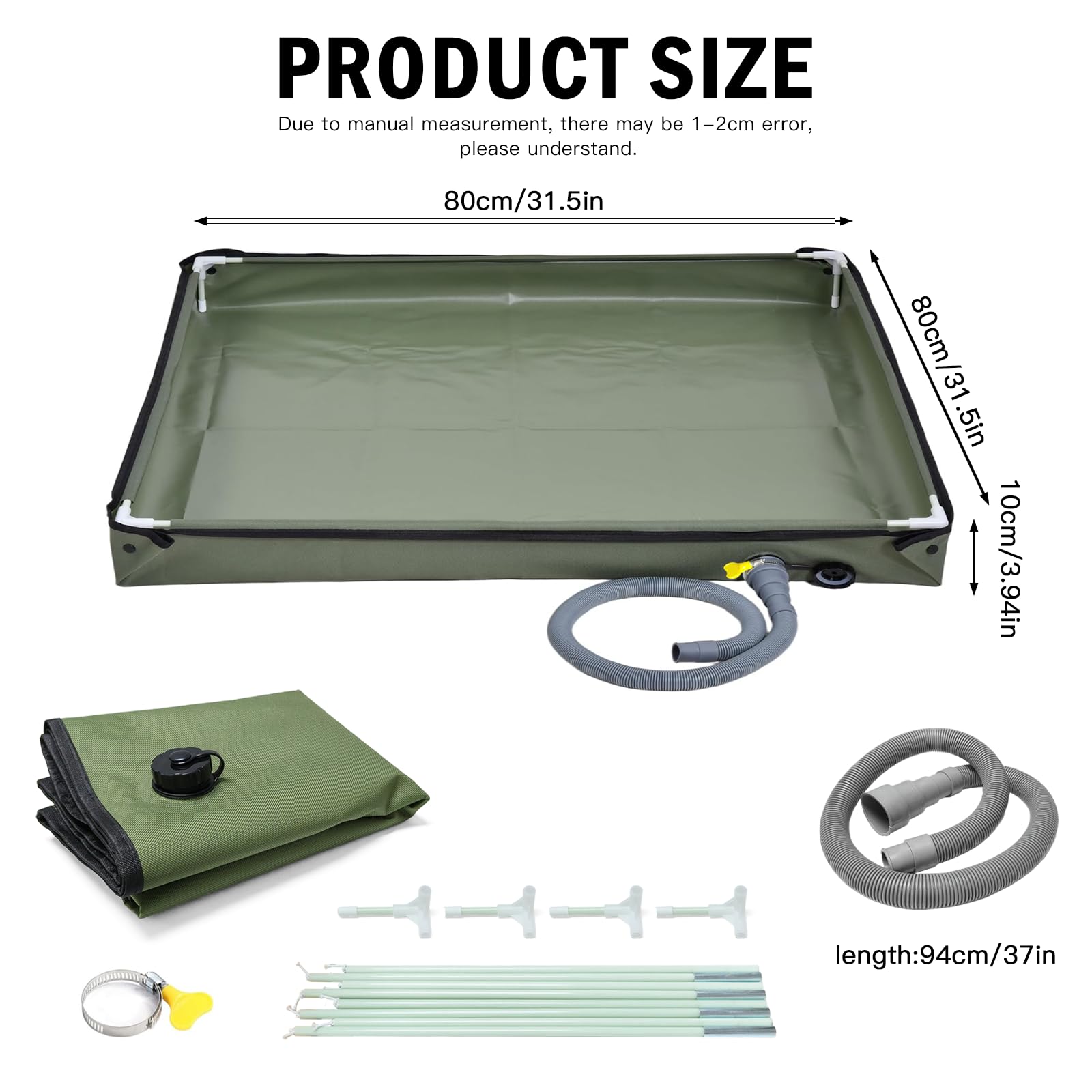 Piatto doccia pieghevole, 80 x 80 cm, piatto doccia da campeggio, base doccia portatile con tubo di scarico, tenda doccia per esterni, per camper, giardino, viaggi (verde militare)