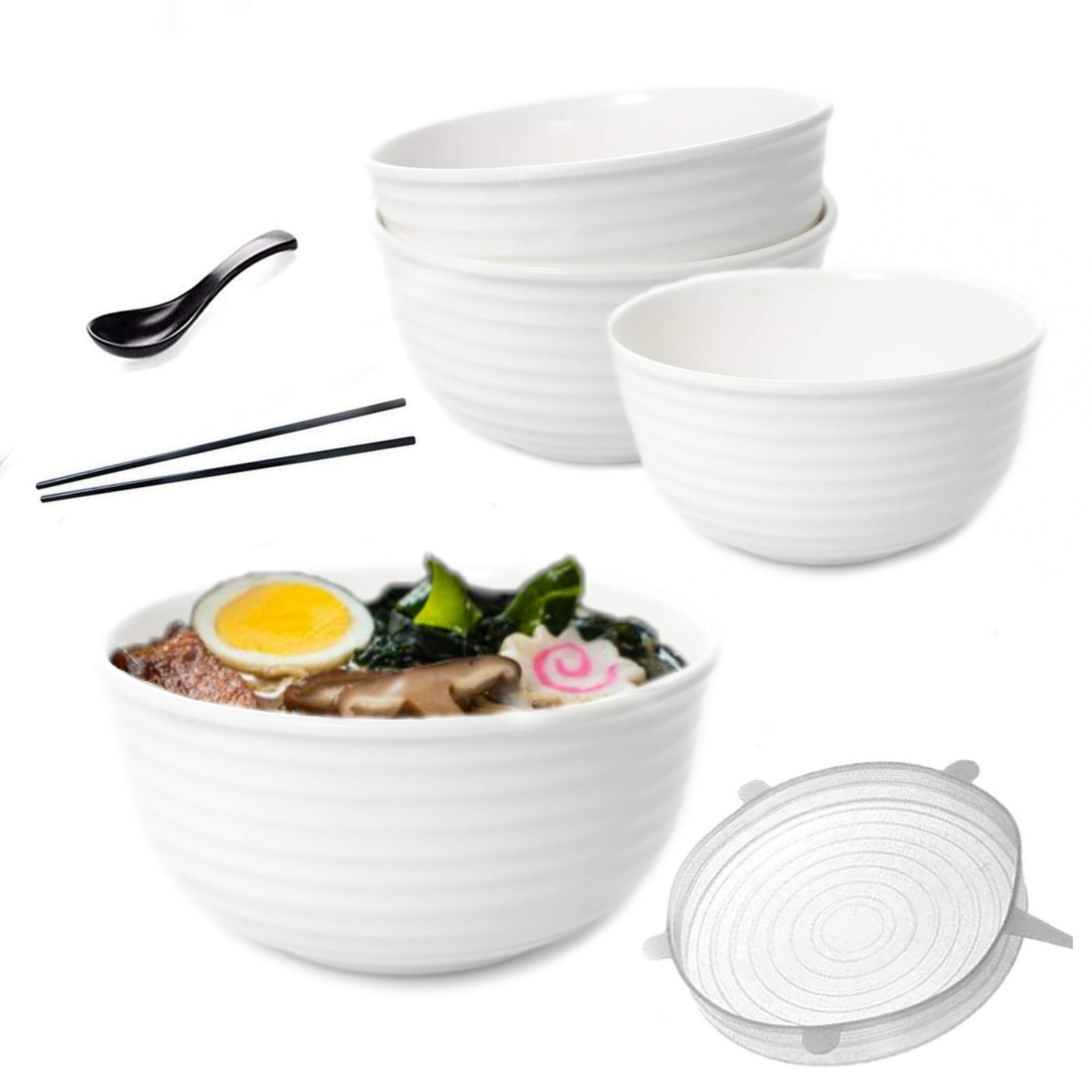 Vallenwood: 4 Noodle Bowl (16 pieces) Melamine White Large Ramen Bowls Set. Asian Chinese Japanese or Pho Soup 50 oz. With Spoons, Chopsticks And Silicone Stretch Lids Like A Gift. Thai Miso Udon.