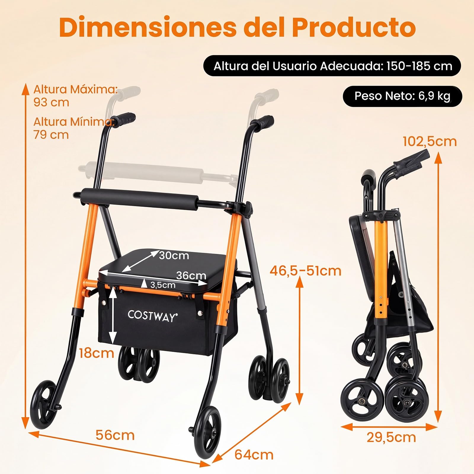 COSTWAY Andador para Ancianos Plegable, Andadores Adultos con Asiento, Respaldo, Altura Ajustable, Almacenamiento, Caminadores para Mayores con 4 Ruedas, Carga136kg