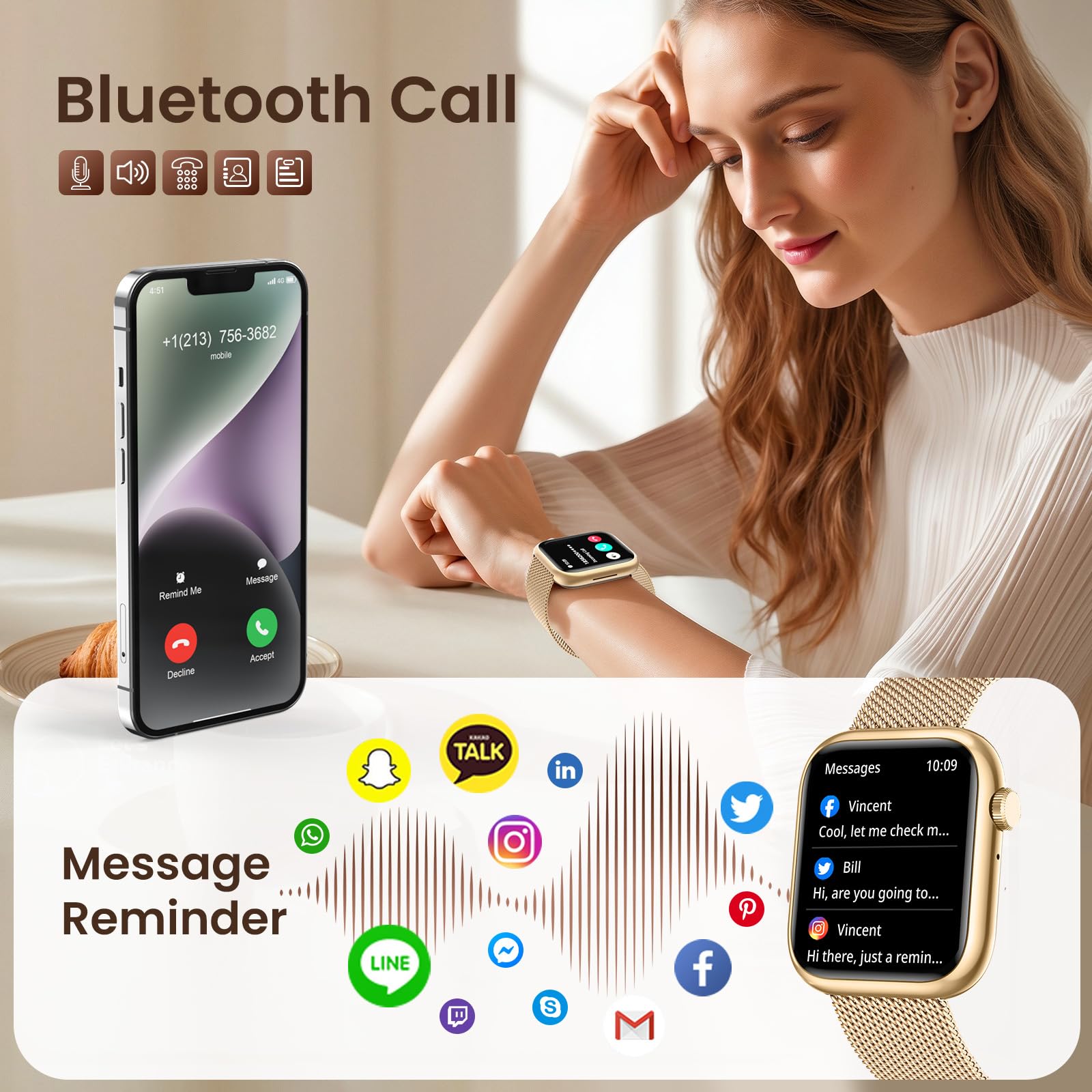 Women Smartwatch Fitness Tracker for Lady: 1.83'' Smart Watch for Women Answer Make Call with iP67 Heart Rate Sleep Monitor Steps Counter 120+ Sports Digital Wrist Watches 3 Straps for iPhone Android — view 2