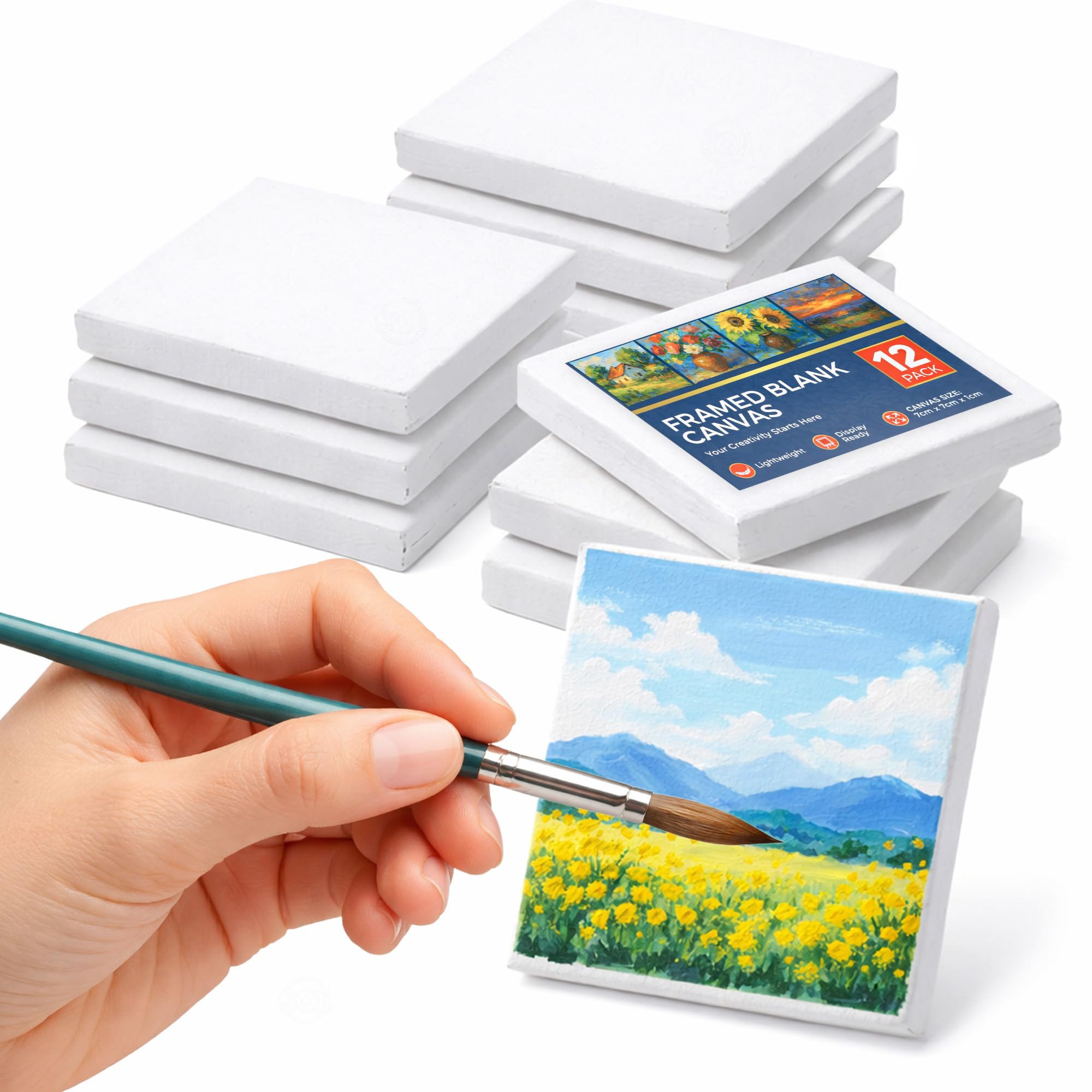 SOL 12pk Framed Blank Mini Canvas for Acrylic Painting, 7cm x 7cm – Small Square Cotton Polyester Paint Board Panels for DIY Crafts, Art Projects, Party Favours and Home Decor, Miniature Art Supplies