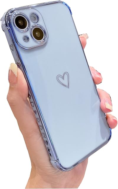 Tzomsze Cute Case Compatible with iPhone 14 Plus 6.7-Inch, Luxury Electroplate Heart Pattern Soft TPU Edge Bumper Case Cover, Camera Lens Protection & Shockproof Reinforced Corners Case, Light-Blue