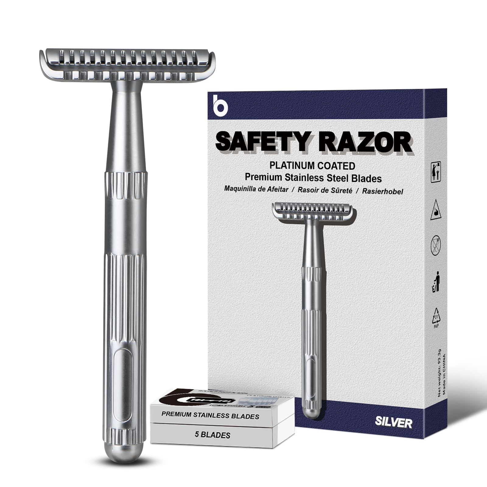 Matte Silver Double Edge Safety Razor, Single Blade Razors for Men and Women, with 10 Stainless Steel Safety Razor Blades, Reusable, Eco-friendly, Smooth and Close Shaving, Plastic Free