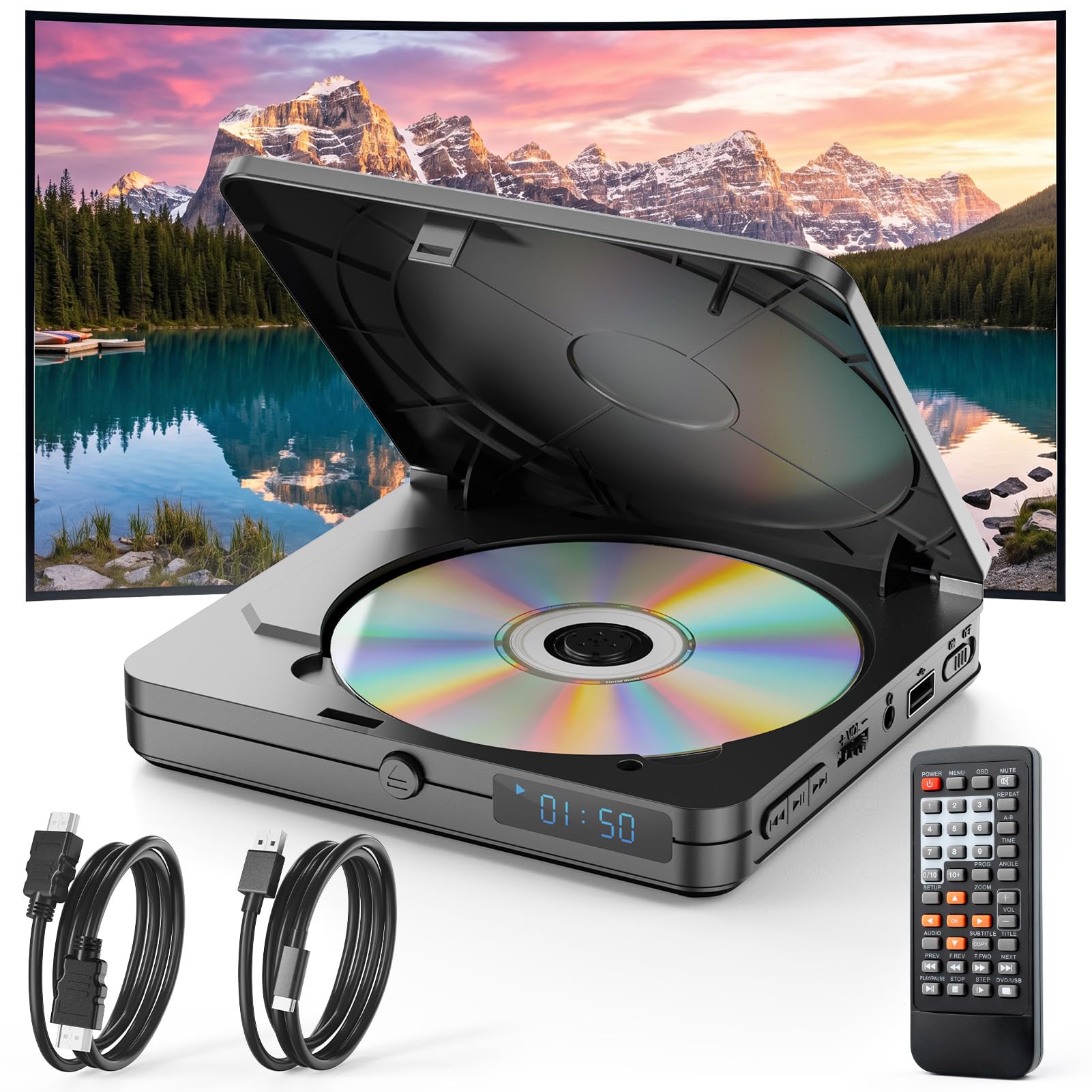 DVD Player für Fernseher, Mini DVD Player HDMI mit 1080P Upscaling, All Region Free, mit USB 2.0-Anschluss und Fernbedienung, Breakpoint Speicher, für Smart TV, integriertes PAL/NTSC