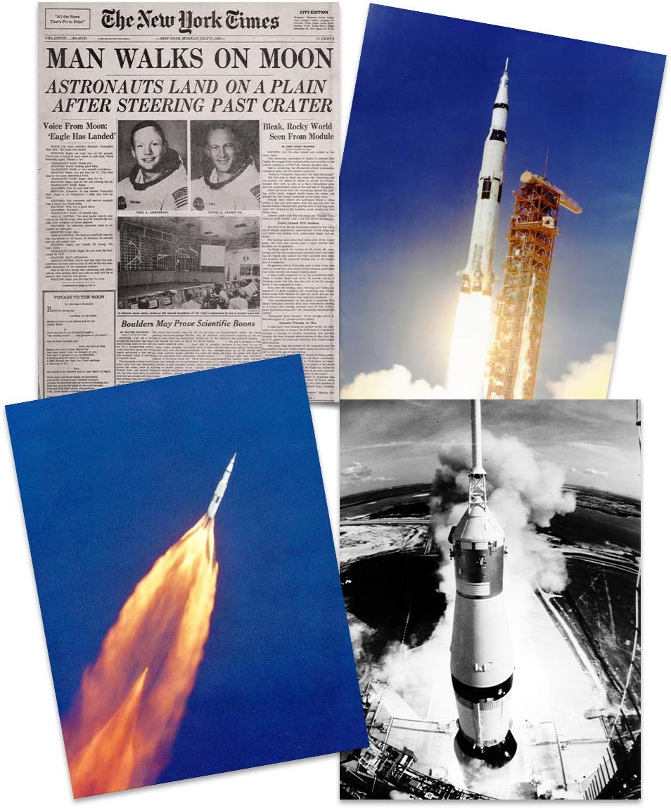 Wee Blue Coo Apollo 11 Astronaut Aldrin Armstrong 50th Anniversary Moon Landing Saturn V Rocket Wall Art Print Poster Home Decor Premium Pack of 4