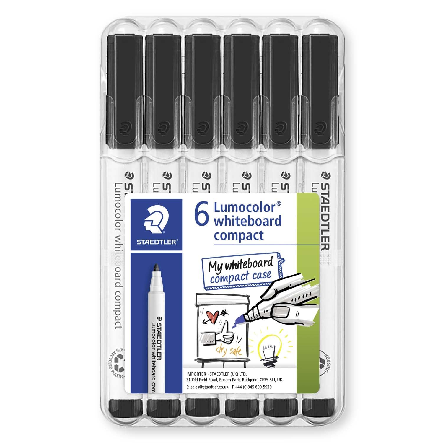 STAEDTLER 341 Compact Lumocolor Whiteboard Marker Pen - 1-2mm Bullet Tip - Dry Erase Markers - Wallet Pack of 6 Pens (Black)
