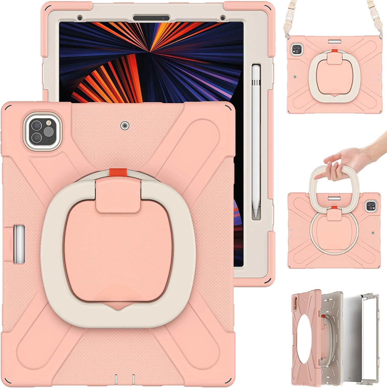 for iPad Air 13 2025(M3)/2024(M2) Case,Heavy Sturdy Shockproof Kids Case,Rotating Stand/Pencil Holder/Carrying Strap,Aslo for iPad Pro 12.9 inch (Pink)