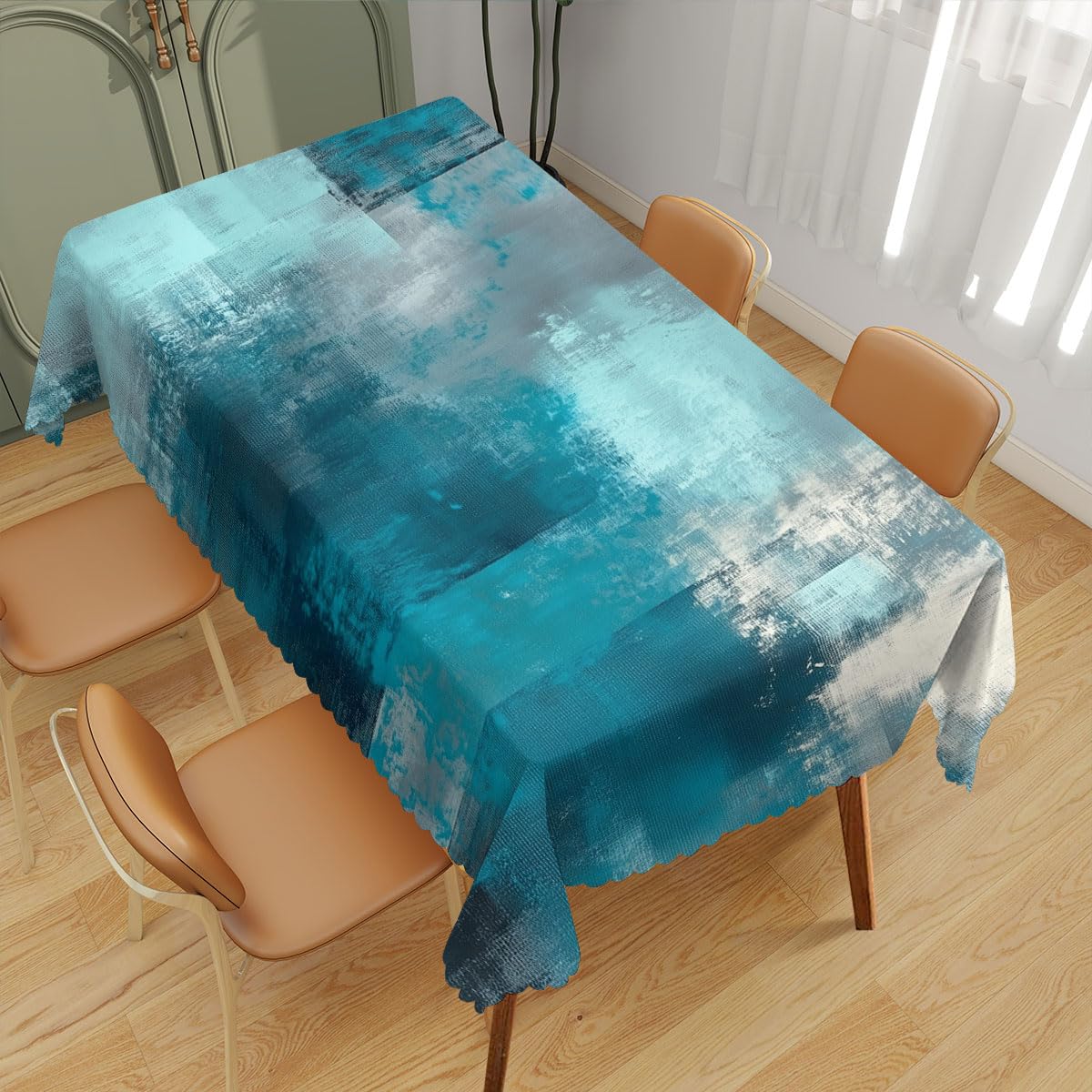 TLCBFF Teal Grey Decorative Rectangle Table Cloth Abstract Art Painting Turquoise Rectangle Tablecloth Picnic Table Cover BBQ Table Cloths Polyester