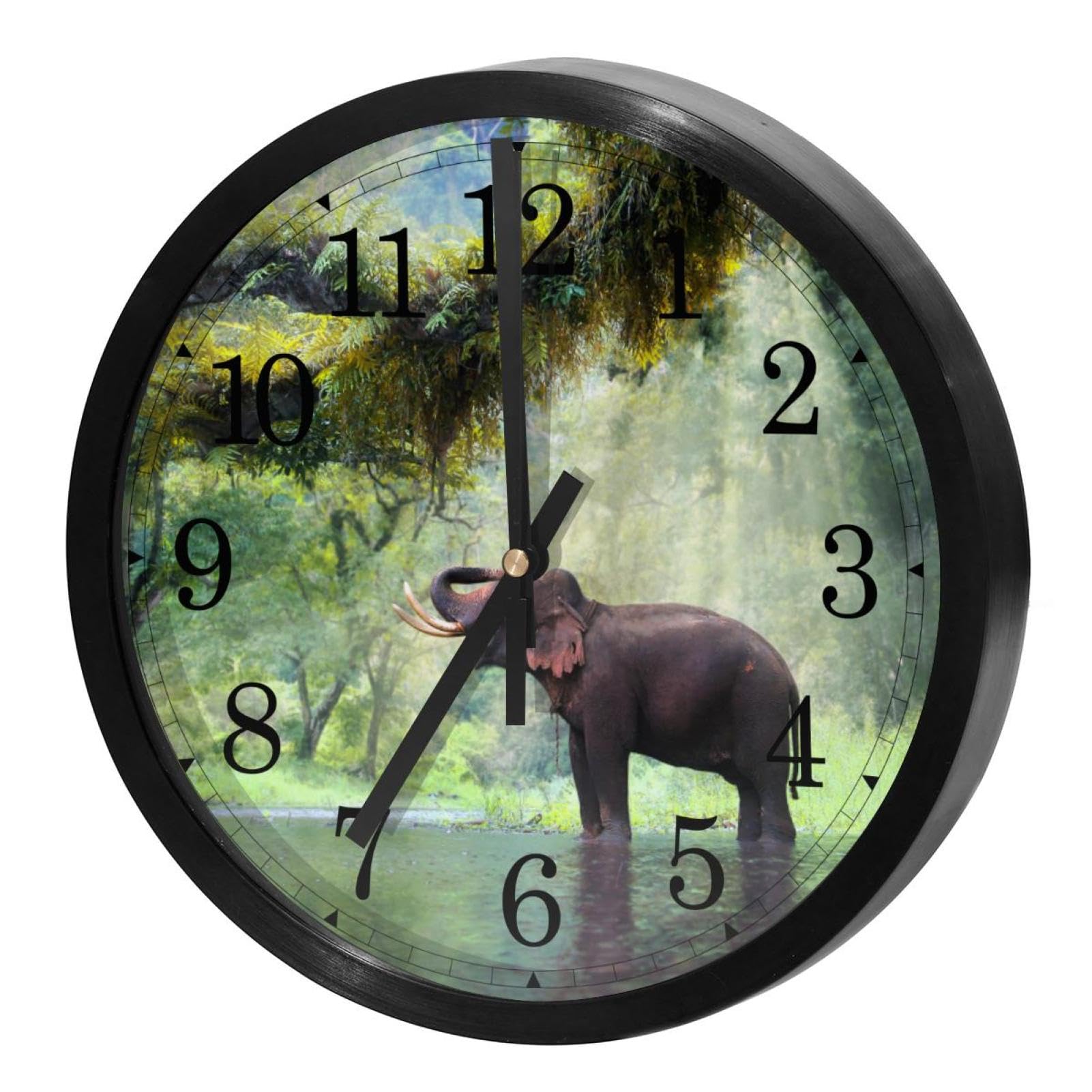 Horloge murale silencieuse à quartz motif éléphant vert pour cuisine et bureau