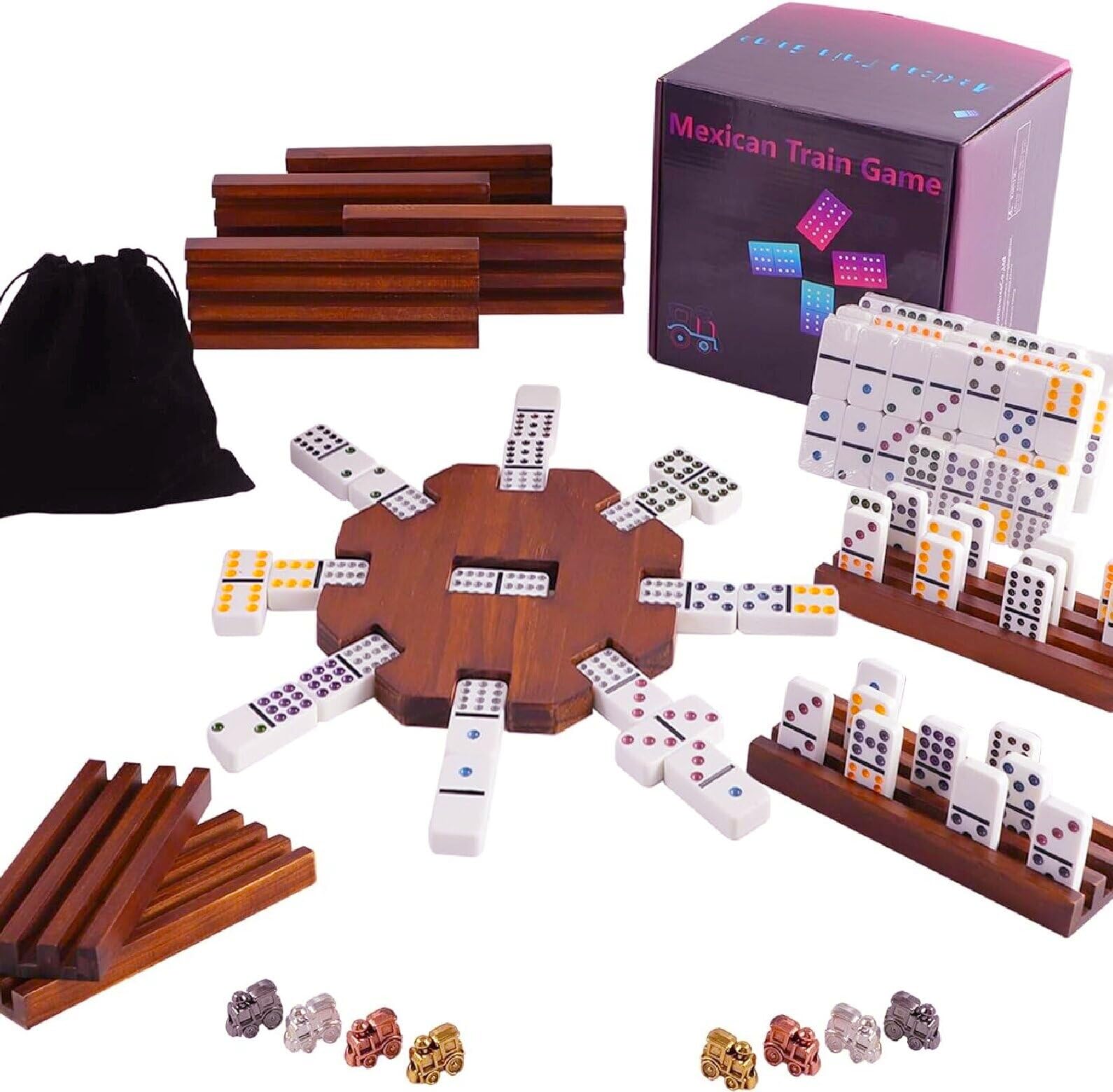 Dreamplay Gifts Mexican Train Dominoes Set with Wooden Hub, 91 Domino Tile Board Games Includes Metal Train Markers Colour Dot Double Twelve Set with 6 Woodentile Rack for Family Game Night (8 player)