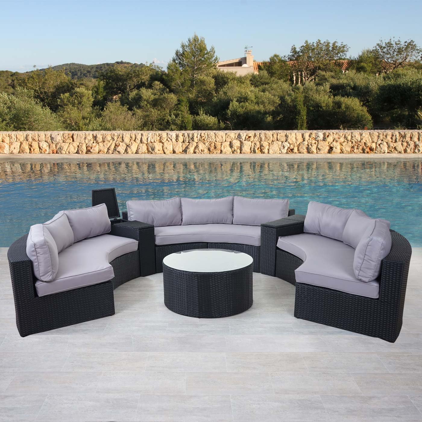 Mendler Savoie Luxury Polyrattan Lounge Sofa XXL Round Cushion Charcoal Grey Home & Kitchen