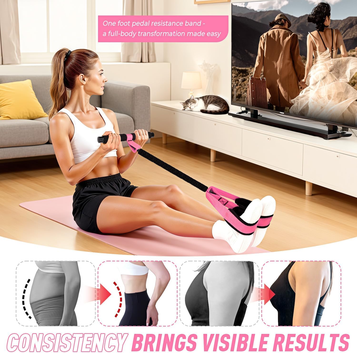 Banda de ejercicio de resistencia con asas para terapia física, entrenamiento de fuerza, tonificación muscular, yoga, pilates, con anclaje de puerta y bolsa de almacenamiento. (morado)