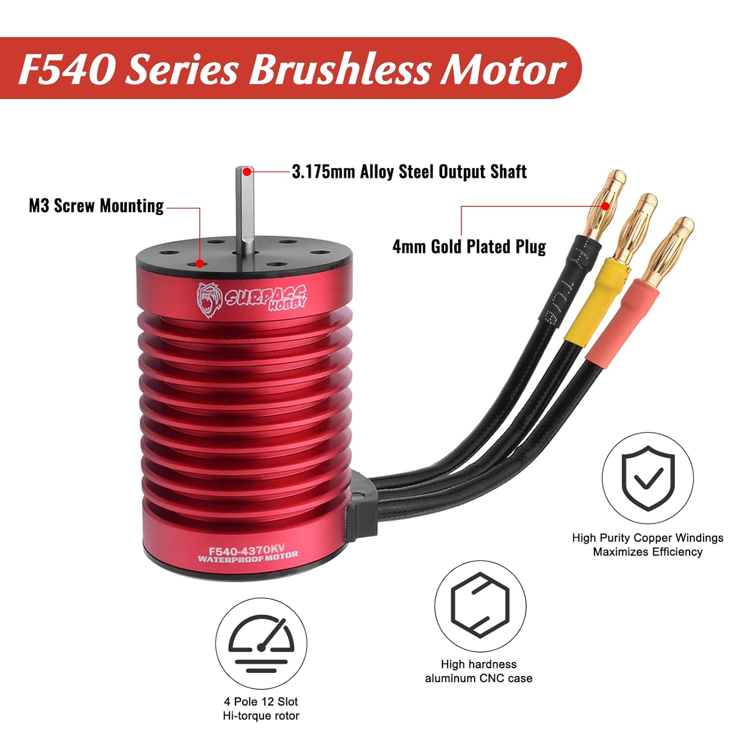 Surpass Hobby F540 Brushless Motor with 45A ESC Combo, Waterproof Motor ESC for 1/10 RC Cars Trucks Upgrades (4370KV)