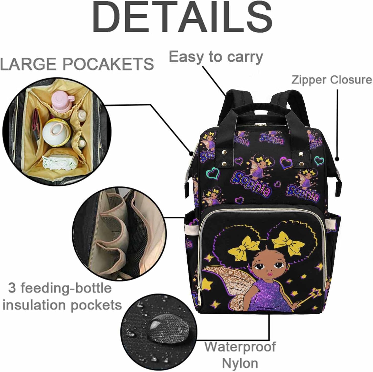 M YESCUSTOM Personalized Diaper Bag with Name for Women/Men, Custom Black Color Nylon Waterproof Nappy Daypack with Large Capacity Backpack for Travel Holiday Gift for Women