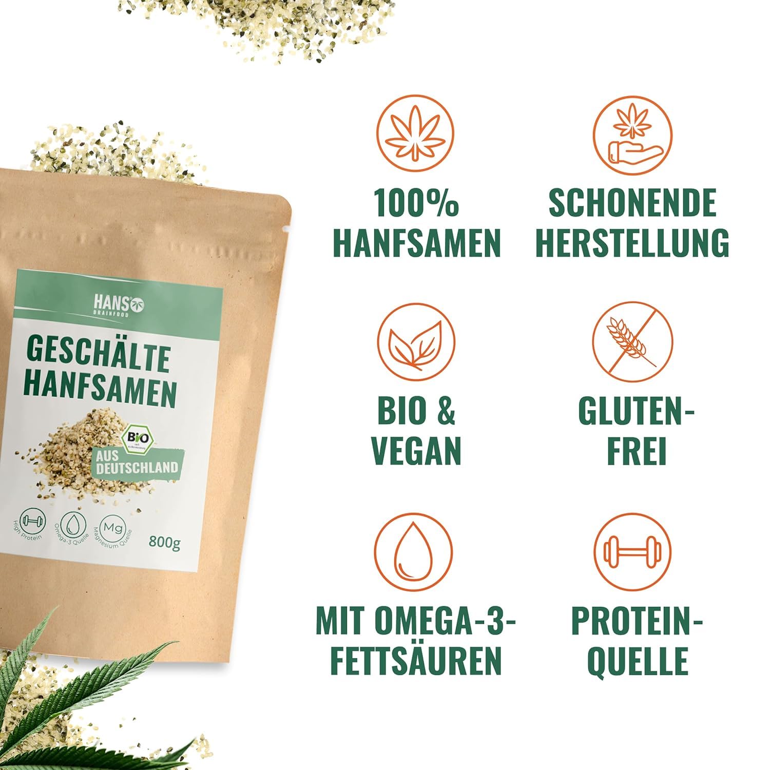 HANS Brainfood Bio Hanfsamen geschält - High Protein - Natürliche Omega 3 und Magnesium Quelle ohne Zusatzstoffe | Superfood vegan aus Bayern | Hanfprotein mit Eisen und Vitamin E | 3x 800g