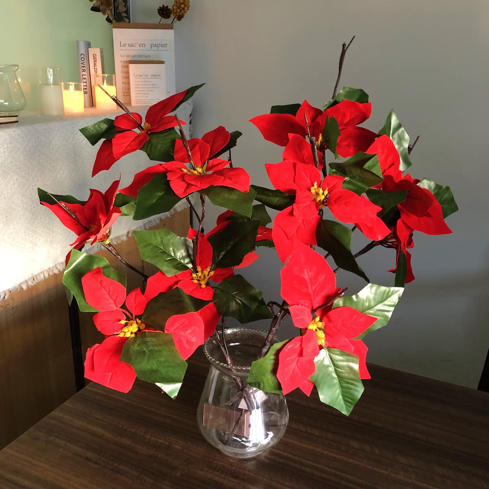 Lot de 2 branches de poinsettia à LED à piles - Branche florale artificielle - Petite brindille - Marron - 76,2 cm - 20 LED pour décoration romantique de la maison (Poinsettia rouge)