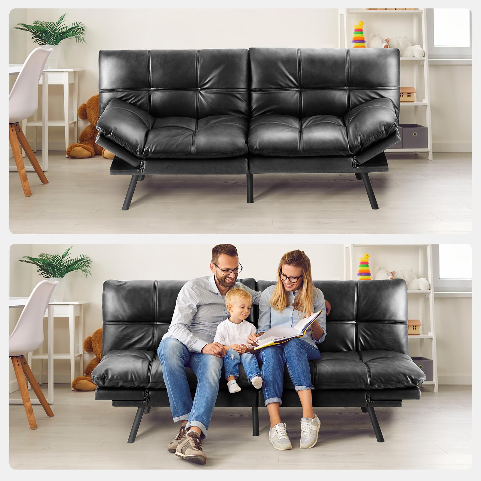 Convertible Futon Sofa Bed, Small Splitback Sofa Sleeper, Comfortable Futon Couch, Memory Foam Futon Couch Loveseat Sofa for Living Room, Office, Faux Leather, Black