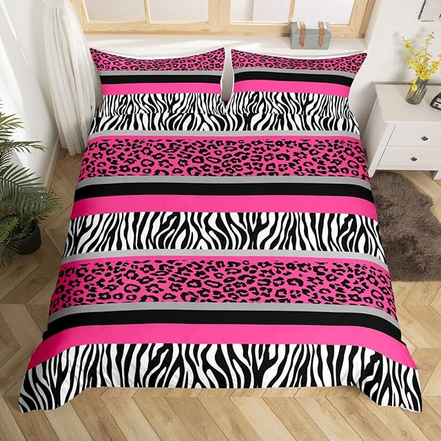 Zebra Stripes Duvet Cover Leopard Bedding Set For Kids Boys Girls Pink Black White Zebra Leopard Fur Comforter Cover Ultra Soft Wild Animal Skin Texture Bedspread Cover Double Size