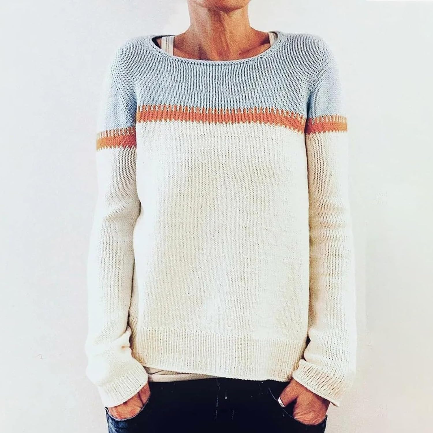 Women's 2025 Fall Winter Print Knitted Pullover Sweater Fashion Crew Neck Long Sleeve Vintage Color Block Knit Tops