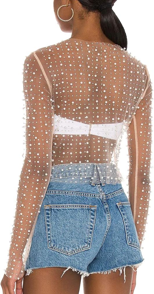 LOFAAC Women Sexy See Through Pearl Rhinestone Beaded Crop Top Y2K Long Sleeve Sheer Mesh Crop Blouse Shirt Clubwear 90s - Image 4