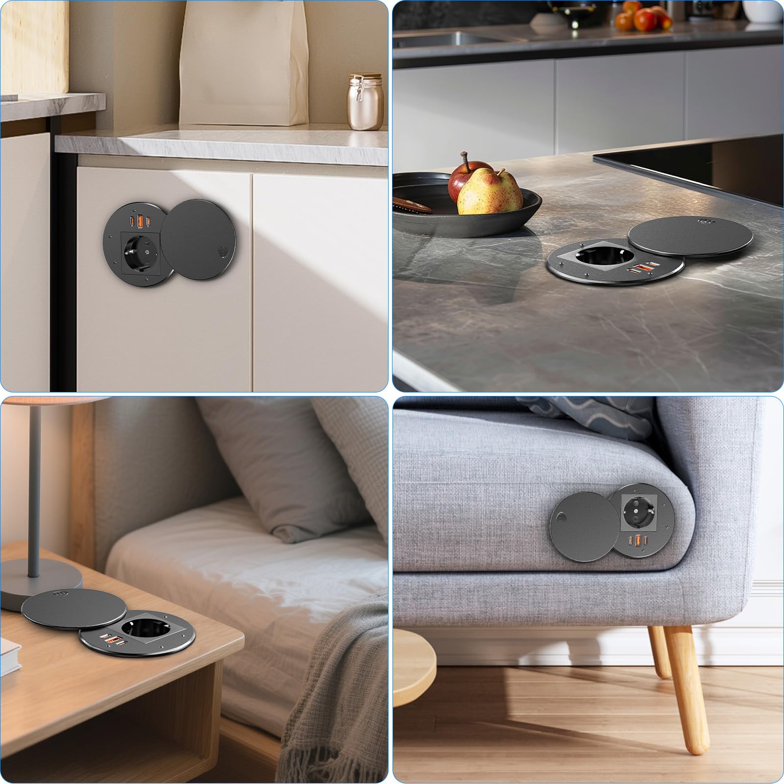 Presa da incasso con USB-C PD35W e USB-A 30W, presa da tavolo Sewingvr con coperchio, presa a scomparsa con 3 USB, cavo da 1,8 m, colore nero